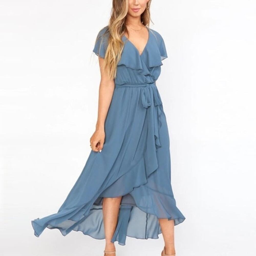 Show Me Your Mumu Jess Ruffle Midi Dress Slate Blue Sz M